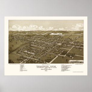 Póster Waupun, WI Mapa Panorámico - 1885