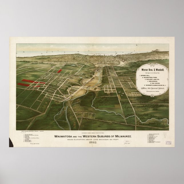 Póster Wauwatosa - Mapa Panorámico de Milwaukee WI 1892 (Frente)