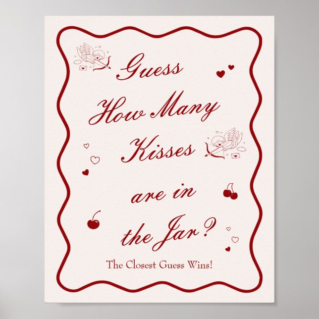Póster Wavy Cherry Bridal Shower Guess How Many Kisses (Frente)