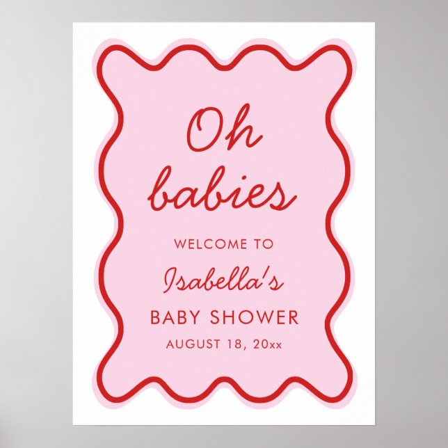 Póster Wavy Moderno Curvy Retro Baby Shower rosa y rojo (Frente)