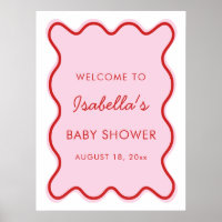 Wavy Moderno Curvy Retro Baby Shower rosa y rojo