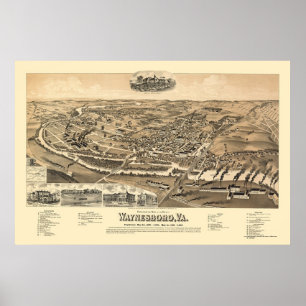 Póster Waynesboro, mapa panorámico del VA - 1891