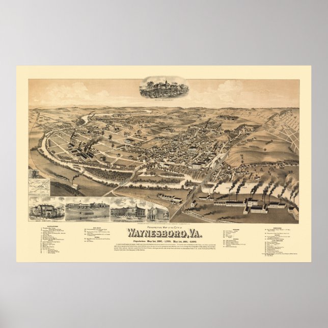 Póster Waynesboro, VA Panoramic Map - 1891 (Frente)