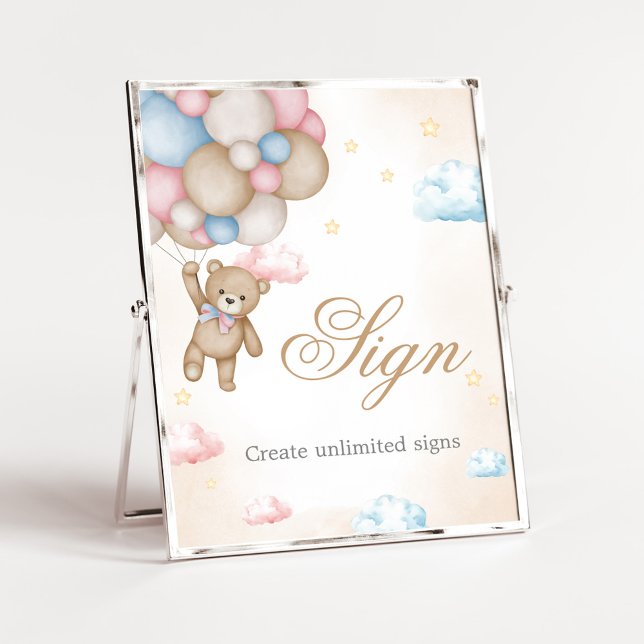 Póster We Can Bearly Wait Gender Reveal Sign (Bear Balloon He or She Gender Reveal Custom Sign)