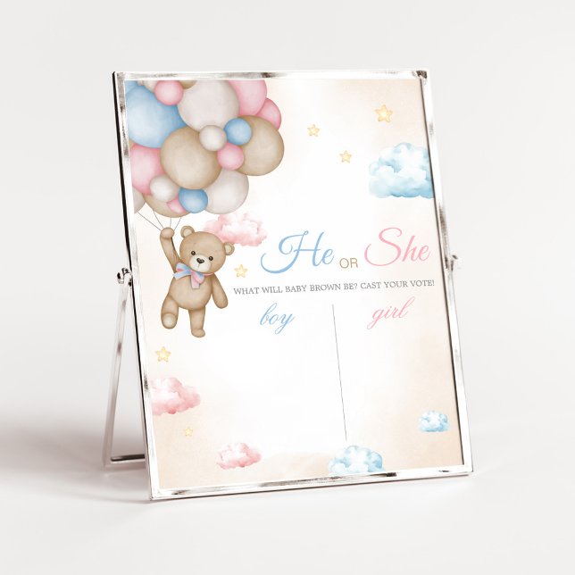 Póster We Can Bearly Wait Gender Reveal Sign (Bear Balloon He or She Gender Reveal Voting Sign)