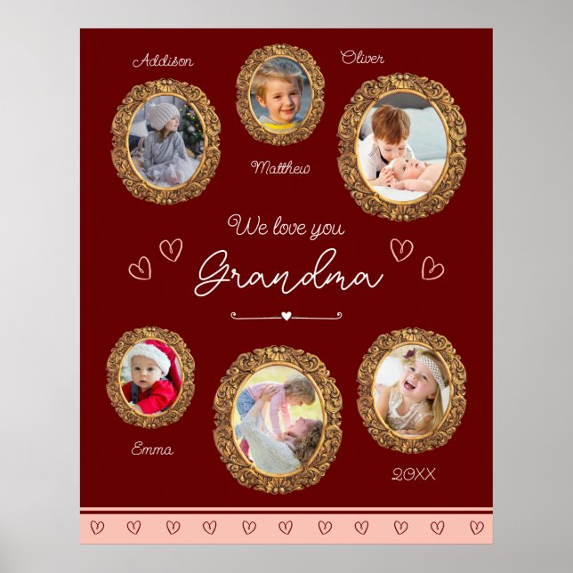 Póster We Love You Grandma Six Photo with Text Red Heart (Frente)