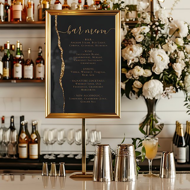 Póster Wedding Bar Menu Black Gold Agate Dark (Subido por el creador)