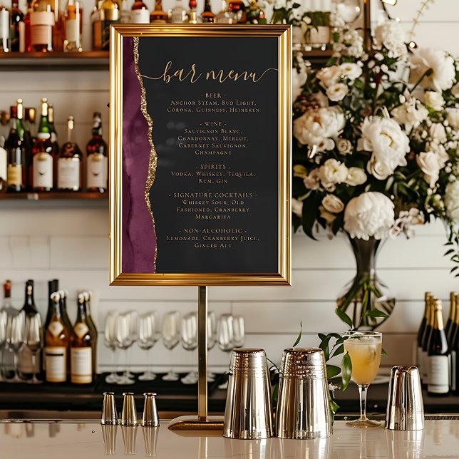 Póster Wedding Bar Menu Burgundy Gold Agate Dark (Subido por el creador)