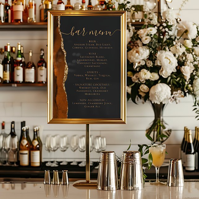 Póster Wedding Bar Menu Burnt Orange Gold Agate Dark (Subido por el creador)
