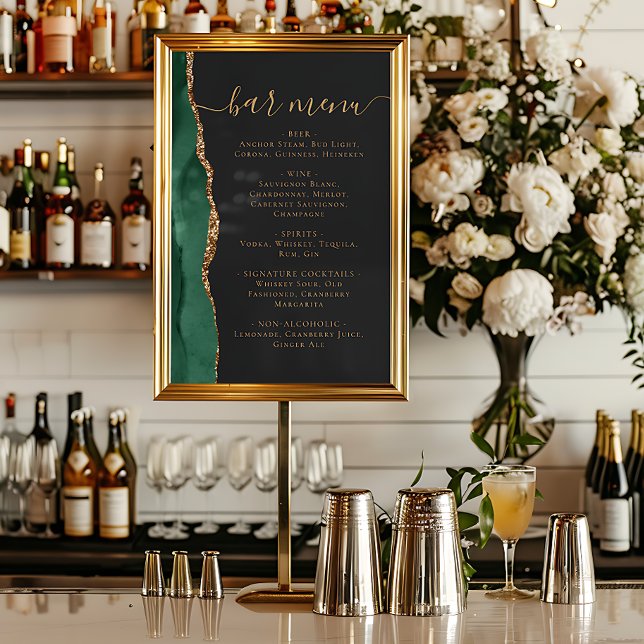 Póster Wedding Bar Menu Emerald Green Gold Agate Dark (Subido por el creador)
