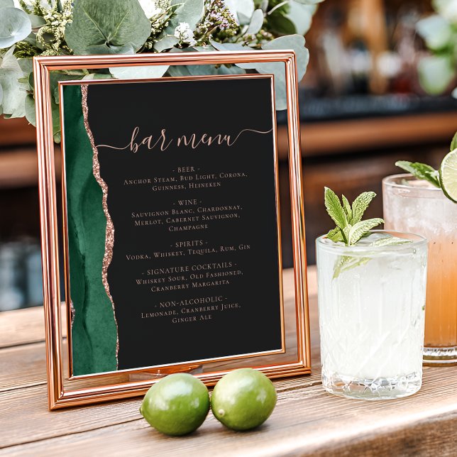 Póster Wedding Bar Menu Emerald Rose Gold Agate Dark (Subido por el creador)