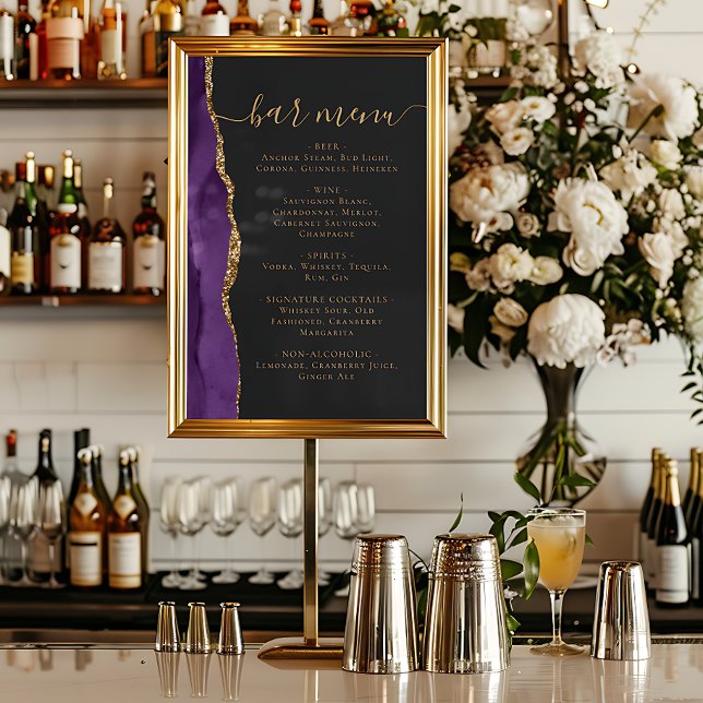 Póster Wedding Bar Menu Purple Gold Agate Dark (Subido por el creador)