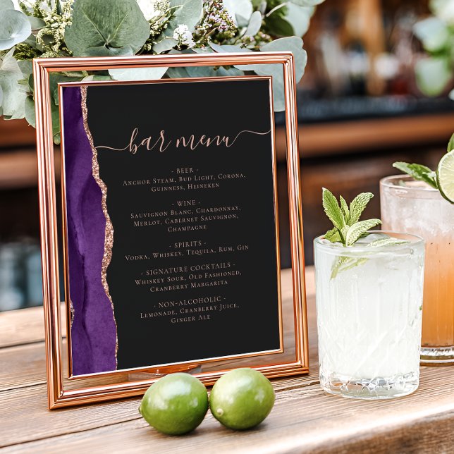 Póster Wedding Bar Menu Purple Rose Gold Agate Dark (Subido por el creador)