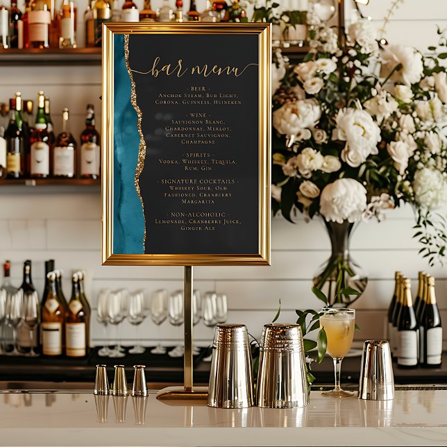 Póster Wedding Bar Menu Teal Blue Gold Agate Dark (Subido por el creador)