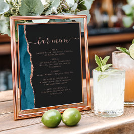 Póster Wedding Bar Menu Teal Blue Rose Gold Agate Dark