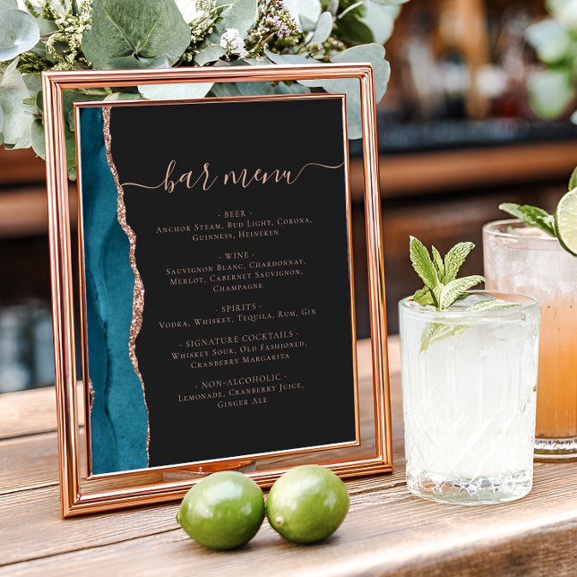 Póster Wedding Bar Menu Teal Blue Rose Gold Agate Dark (Subido por el creador)