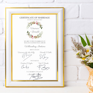 Póster Wedding Certificate Red & Pink Floral Wreath