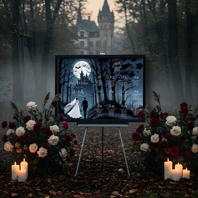 Póster Wedding Couple Spooky Forest Toward Haunted Castle (Wedding Couple Spooky Forest Toward Haunted Castle Poster Seating Chart.)