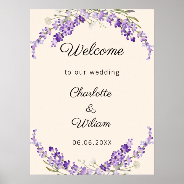 Póster Wedding lavender watercolored cream welcome (Frente)