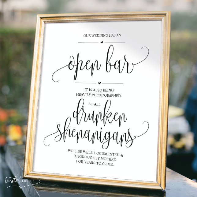 Póster Wedding Open Bar, drunken shenanigans sign (Wedding Open Bar, drunken shenanigans sign, Printed and Downloadable versions, Modern aesthetic)