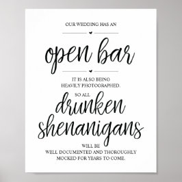 Póster Wedding Open Bar, drunken shenanigans sign