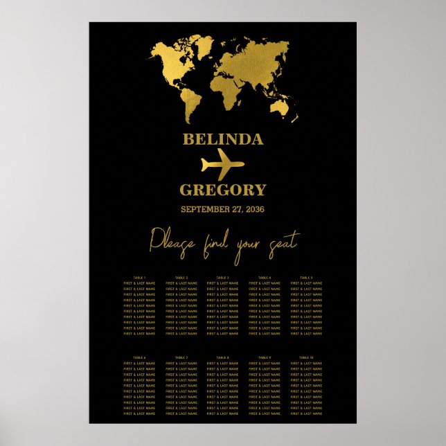 Póster Wedding Passport Black Gold Seating Chart (Frente)
