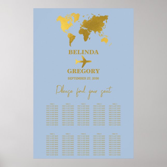 Póster Wedding Passport Dusty Blue Gold Seating Chart (Frente)