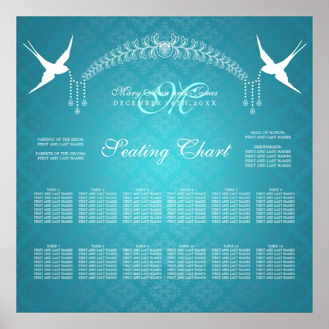 Póster Wedding Seating Chart Birds Monogram Turquoise (Frente)