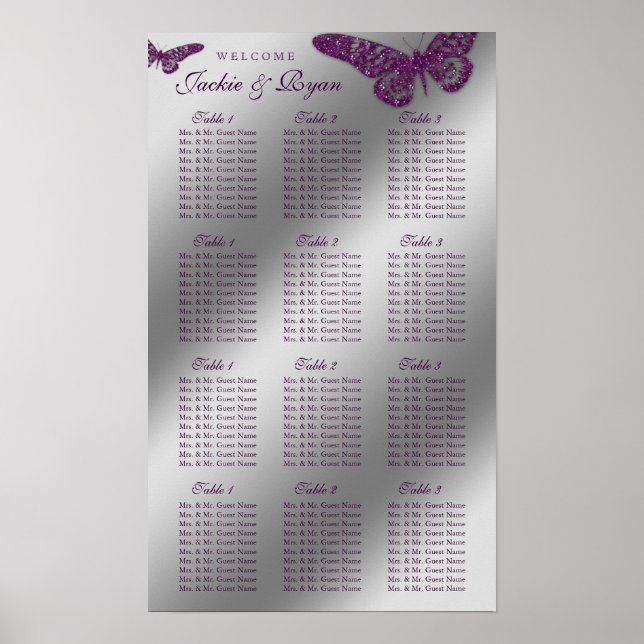 Póster Wedding Seating Chart Butterfly Purple Sparkle (Frente)