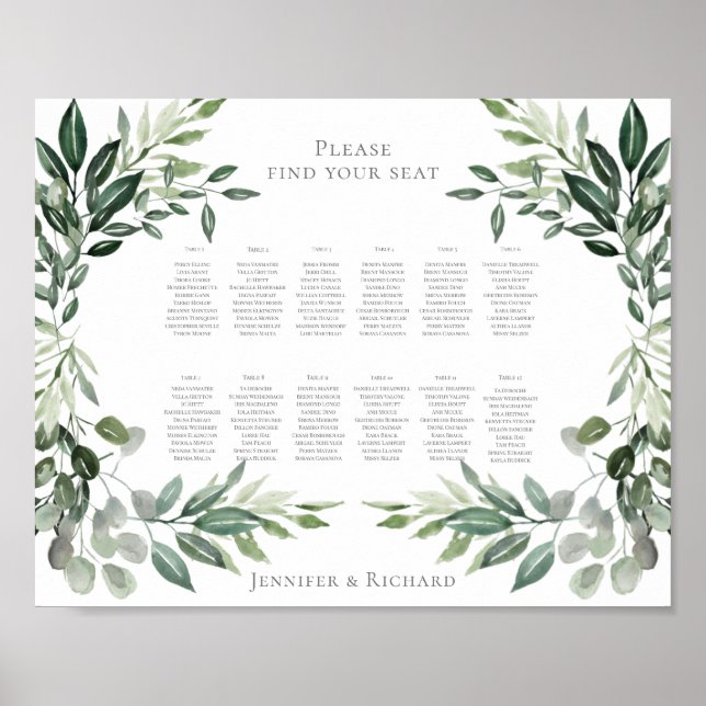 Póster Wedding Seating Chart Foliage Bouquet (Frente)