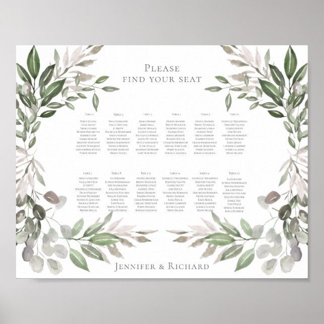 Póster Wedding Seating Chart Foliage Bouquet (Frente)
