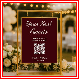 Póster Wedding Seating Chart QR Burgundy & Ivory Rustic