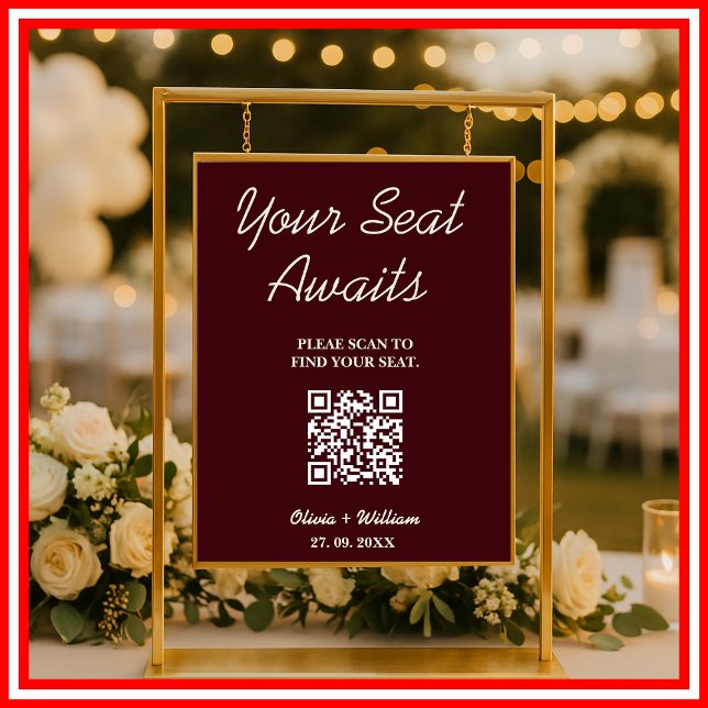 Póster Wedding Seating Chart QR Burgundy & Ivory Rustic (Subido por el creador)