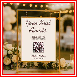 Póster Wedding Seating Chart QR Burgundy & Ivory Rustic