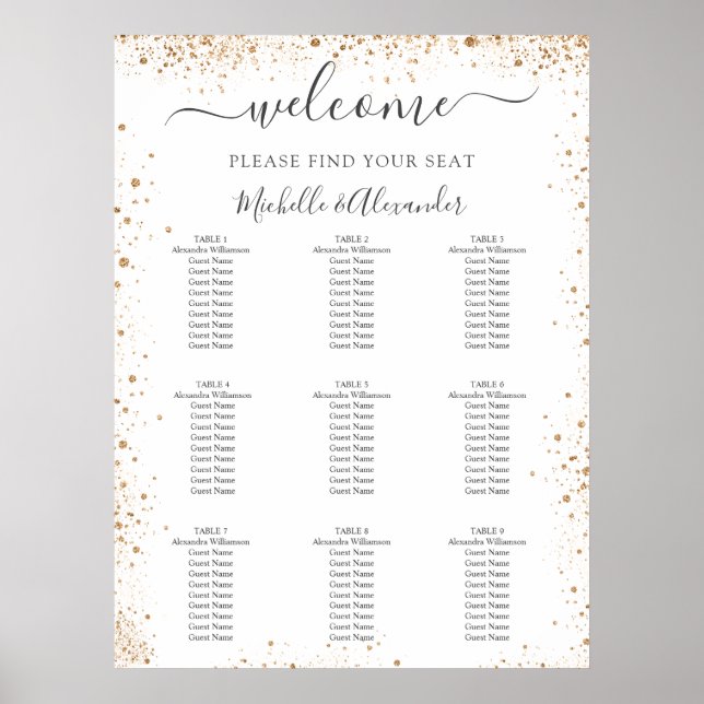 Póster Wedding seating chart white gold glitter dust (Frente)