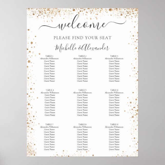 Póster Wedding seating chart white gold glitter dust (Frente)