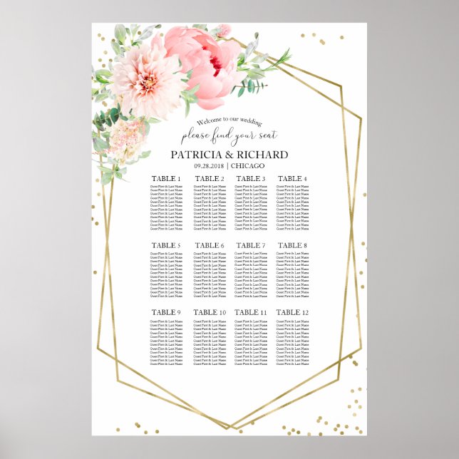 Póster Wedding Seating Plan Elegant Floral (Frente)