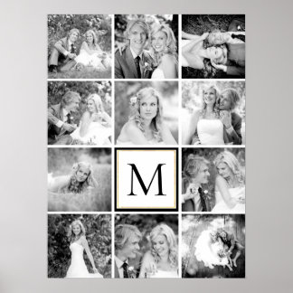 Póster Wedding twelve photo collage and monogram