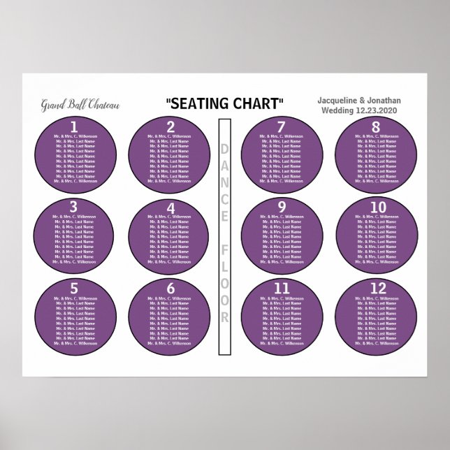 Póster Wedding Violet 12 Table Seating Chart (Frente)