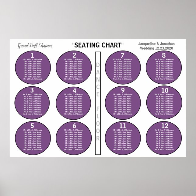 Póster Wedding Violet 12 Table Seating Chart (Frente)