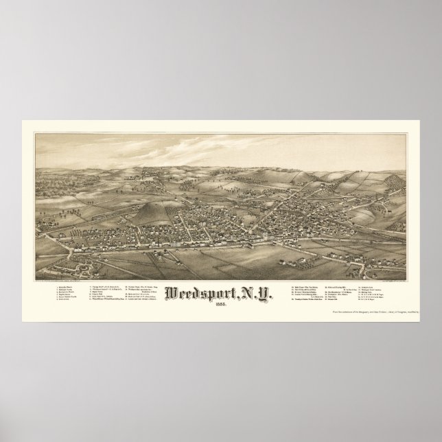 Póster Weedsport, Mapa Panorámico de Nueva York - 1885 (Frente)