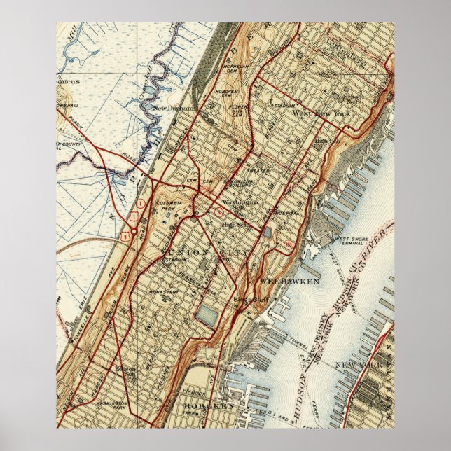 Póster Weehawken, Union City & West New York Map (1935) (Frente)