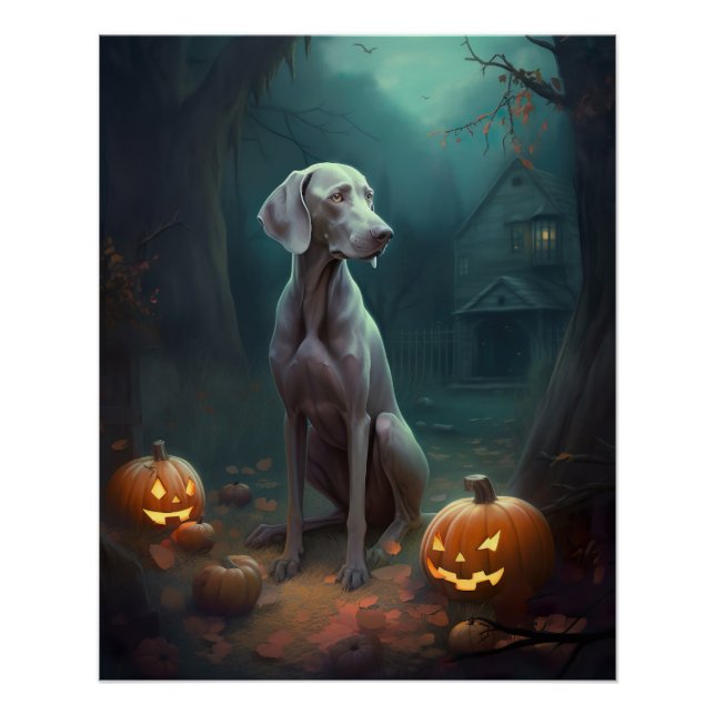 Póster Weimaraner de Halloween con calabazas aterradoras (Anverso)