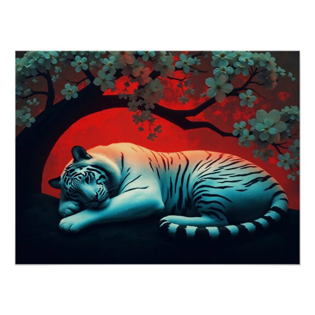 Póster Weißer Tiger unter blühendem Baum (Anverso)