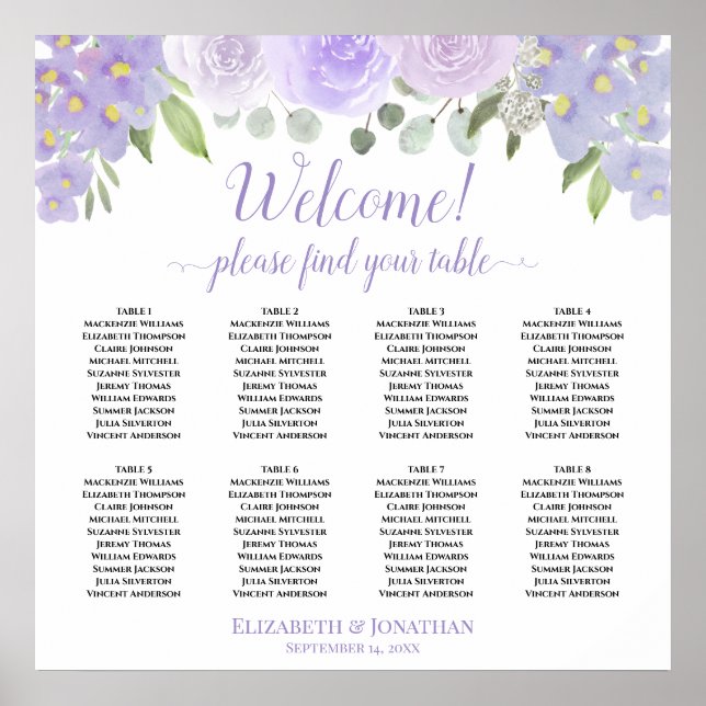 Póster Welcome! 8 Table Lavender Roses Boho Seating Chart (Frente)