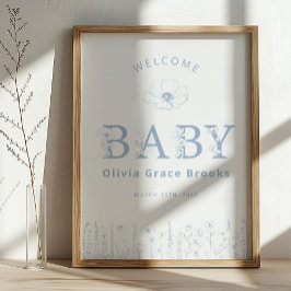 Póster Welcome Baby Wildflower Baby Shower Dusty Blue 