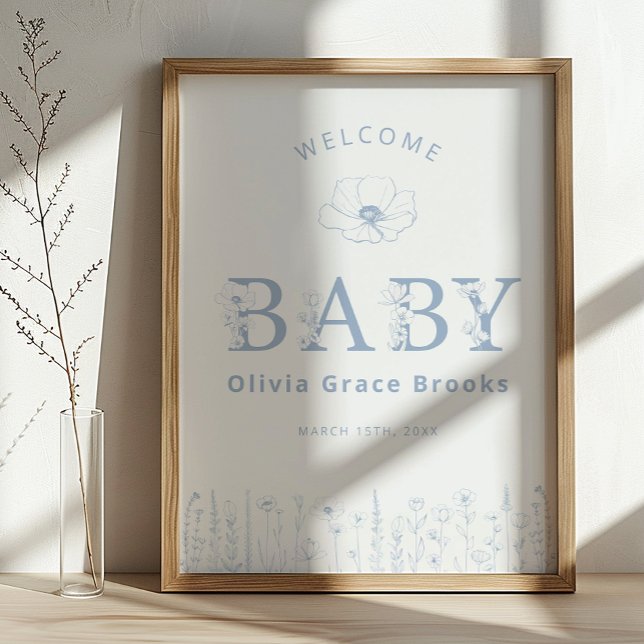 Póster Welcome Baby Wildflower Baby Shower Dusty Blue  (Baby Welcome Sign)