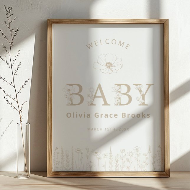 Póster Welcome Baby Wildflower Baby Shower Neutral Taupe (Welcome Baby Sign)