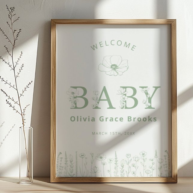 Póster Welcome Baby Wildflower Baby Shower Sage Green (Sage Green Baby Welcome Sign)