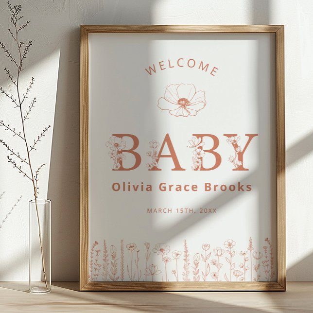 Póster Welcome Baby Wildflower Baby Shower Terracotta (Baby Welcome Sign)